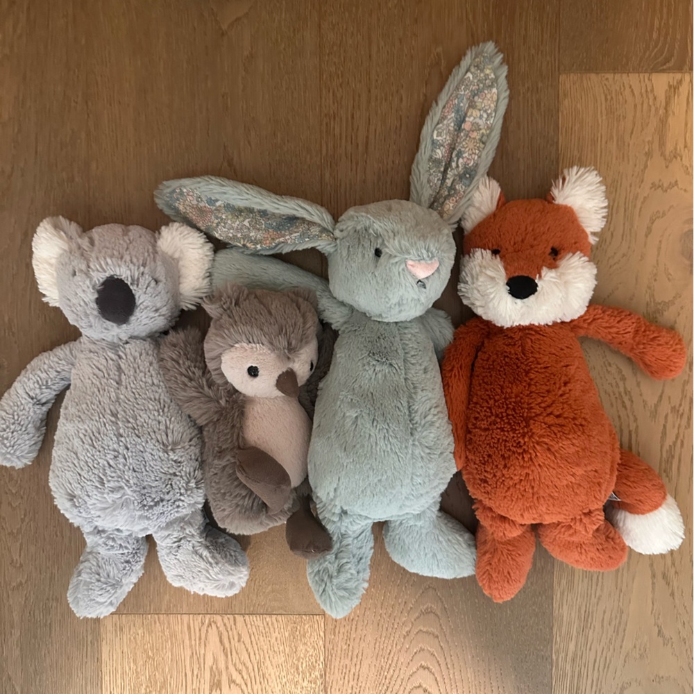 Jellycat koala, owl, green bunny and fox set